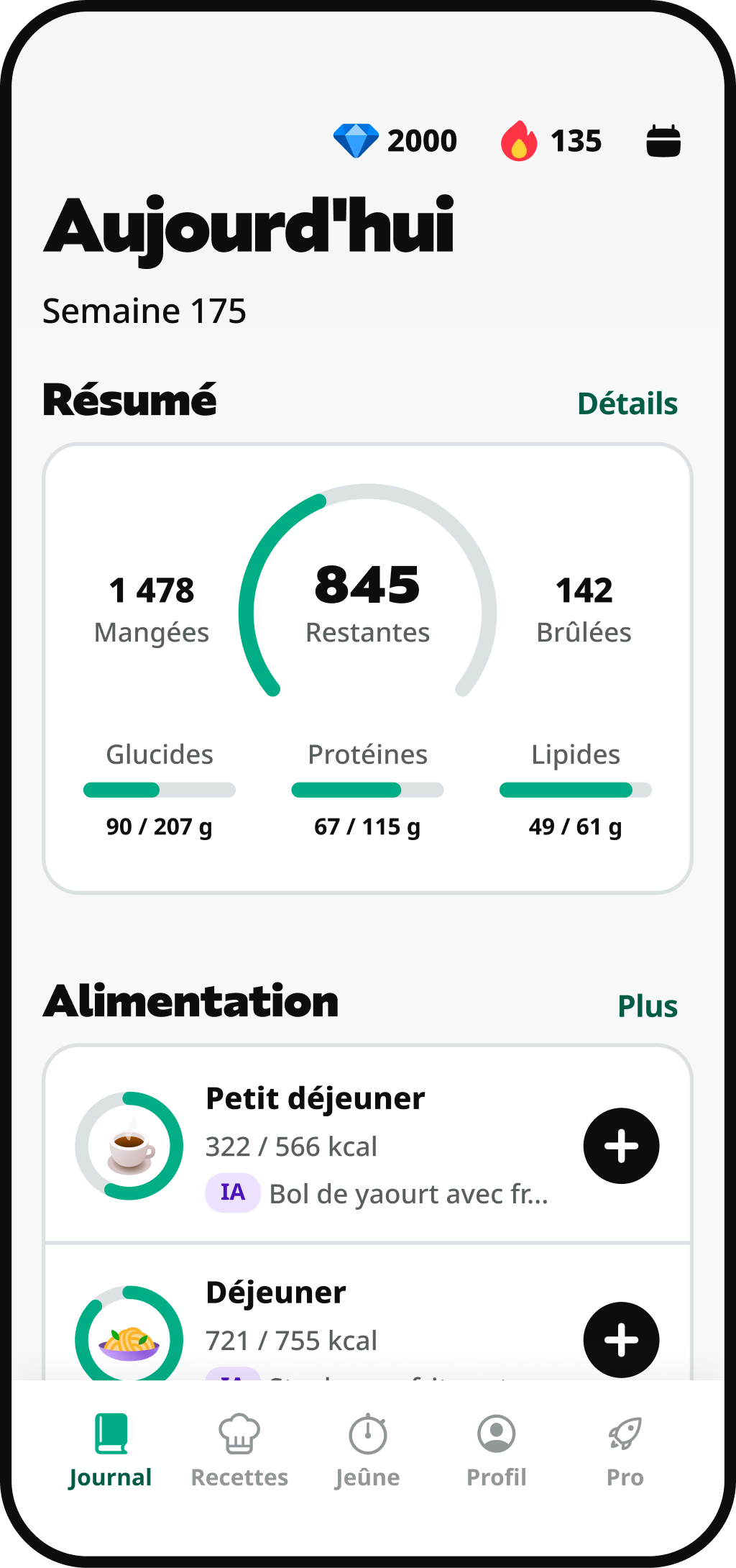 Ecran du journal alimentaire